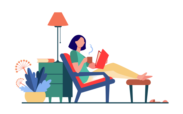 woman sitting down relaxing and reading a book
