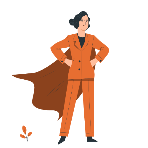 superhero business woman in an orange cape and suit