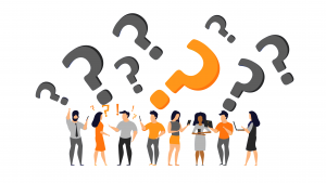 multiple grey and orange questionmarks with confused people underneath