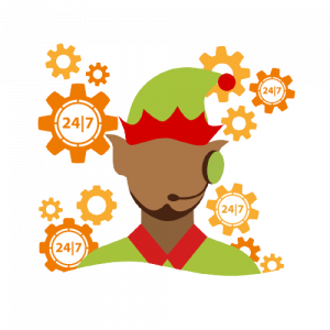 support engineer dressed as an elf looking after software moodle and shibboleth updates surrounded by orange cogs