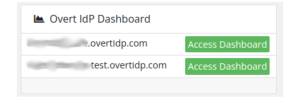 Green 'Access Dashboard' button on Overt Software's customer support portal