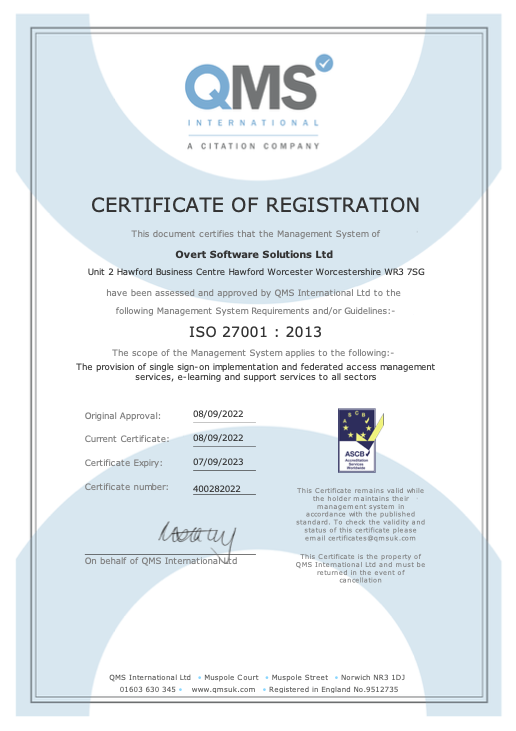 Overt software Solution ISO27001 Certificate